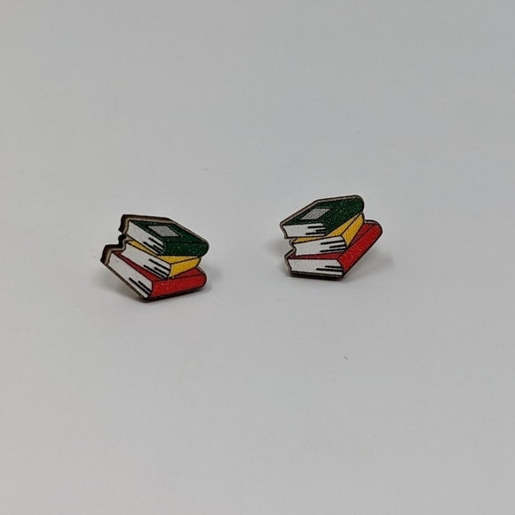 Stack of books colorful wood stud earrings - Picture 2 of 7